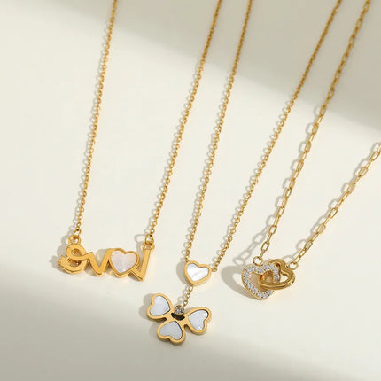Wholesale Jewelry Elegant Cute Retro Love Geometric Heart Shape 304 Stainless Steel Acrylic Zircon 18K Gold Plated Plating Inlay Paperclip Chain cable chain Multi Charms Necklace