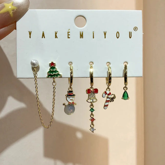 Christmas Series Snowman Bell Embedded Zirconia Pearl Copper Plated Geometric Pattern Earrings Women's Cute Romantic Jewelry