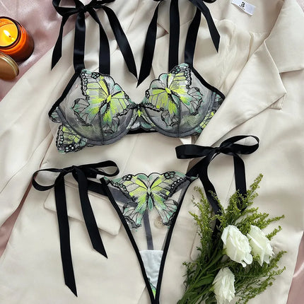 Women's Sexy Butterfly Sexy Lingerie Sets Home Honeymoon Sheer Bra Low Waist Bandage See-Through Sexy Lingerie