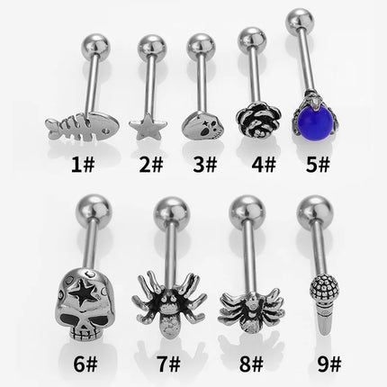 1 Piece Tongue Rings Gothic Hip-Hop Rock Rose Spider Fish Bone 316L Stainless Steel  Polishing Crystal Tongue Rings