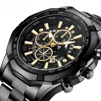 new spot wholesale watch men's steel band three eyes six needle luminous calendar sports waterproof quartz watch