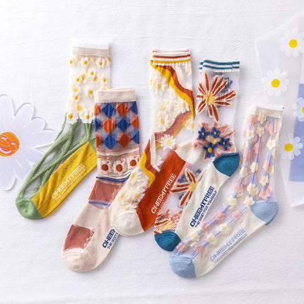 5 Pairs Per Pack Cute Modern Style Women's Flower Cotton Crystal wire Crew Socks