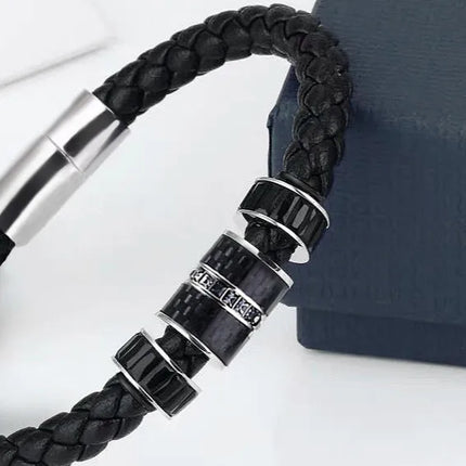 Shijia  Leather Rope Bracelet for Boys Japanese and Korean Fashion Black Transfer Bead Woven Bracelet Titanium Steel Leather Rope Bracelet for Men