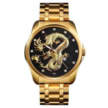 SKMEI fashion Chinese style dragon totem relief stainless steel strap men's business calendar watch men