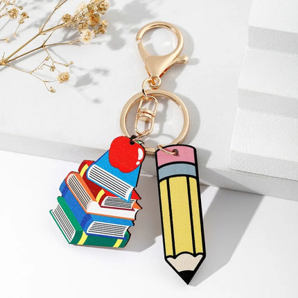 Modern Style Book pencil Wood Teachers' Day Unisex Keychain