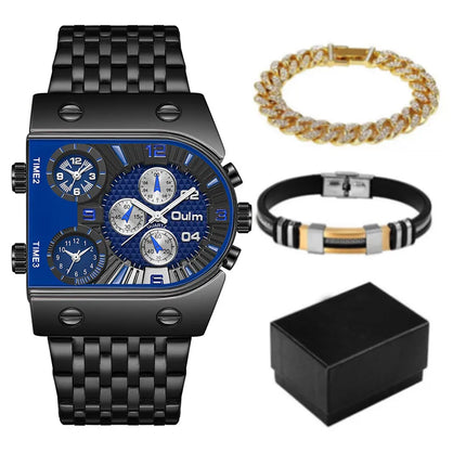 Business Color Block Folding Buckle Quartz Men's Watches Gift Set