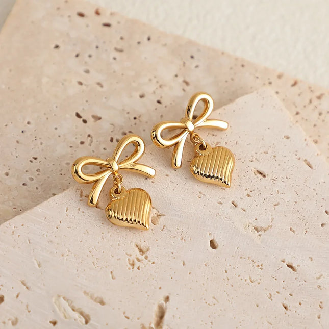 French Hollow Love Heart Bow Tie Sweet Loving Heart Earrings Eardrops Women's Elegant High Sense Valentine's Day Gift