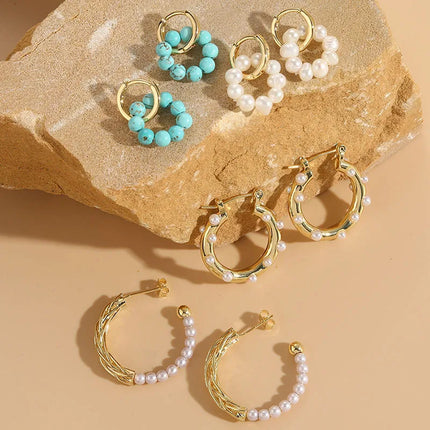 Hot Selling Freshwater Pearl Natural Stone Fashion Earrings  Style Elegant Luxury Copper Plated 14K Real Gold Earrings for Women