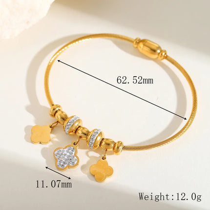 Cute Classic Style Commute Four Leaf Clover Heart Shape 304 Stainless Steel 18K Gold Plated Zircon Bangle In Bulk