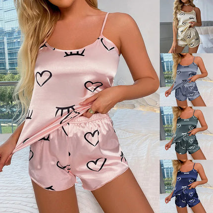 hot sale sexy satin sling pajamas suit fashion love printed shorts outdoor home wear W0100