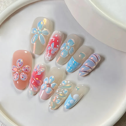 Handmade Almond Nail Press-Ons 3D Floral Shell Design Gradient White Effect European Style Nail Art False Nails Set