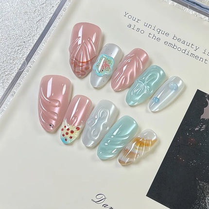 Handmade Almond Nail Press-Ons 3D Floral Shell Design Gradient White Effect European Style Nail Art False Nails Set