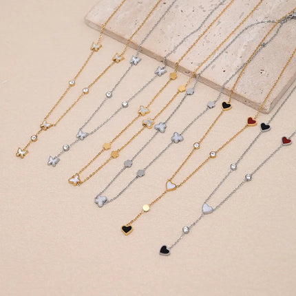 Wholesale Jewelry IG Style Sweet Red Heart Flower Butterfly 304 Stainless Steel Rhinestones Shell 18K Gold Plated Polishing cable chain Pendant Necklace