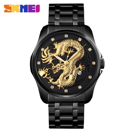 SKMEI fashion Chinese style dragon totem relief stainless steel strap men's business calendar watch men