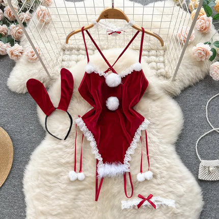 Women's Christmas Sexy Color Block Sexy Lingerie Sets Party Jumpsuit Mid Waist Briefs Sexy Lingerie