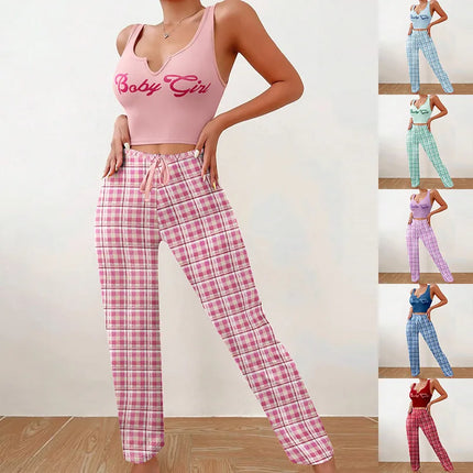 BabyGirl   homewear vest color matching plaid trousers letter printed top women's pajamas