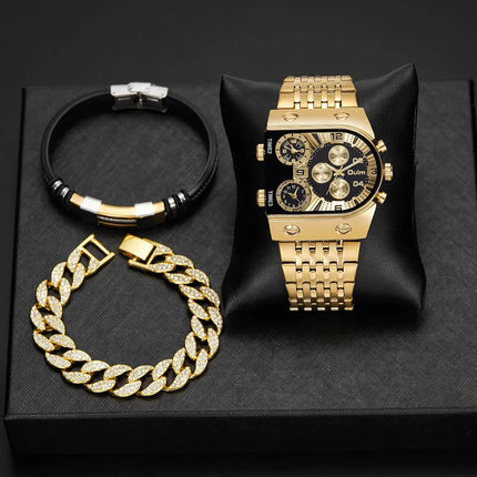 Business Color Block Folding Buckle Quartz Men's Watches Gift Set