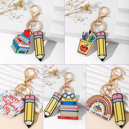 Modern Style Book pencil Wood Teachers' Day Unisex Keychain