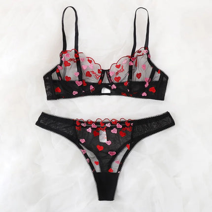 women's sexy letter heart shape sexy lingerie sets party embroidery see-through sheer bra low waist thong sexy lingerie