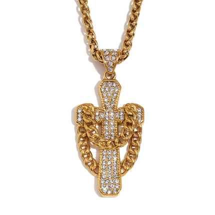 Wholesale Jewelry Hip-Hop Cross 304 Stainless Steel Zircon 18K Gold Plated Chain Inlay Pendant Necklace Franco Chain Wheat Chain Spiga Chain