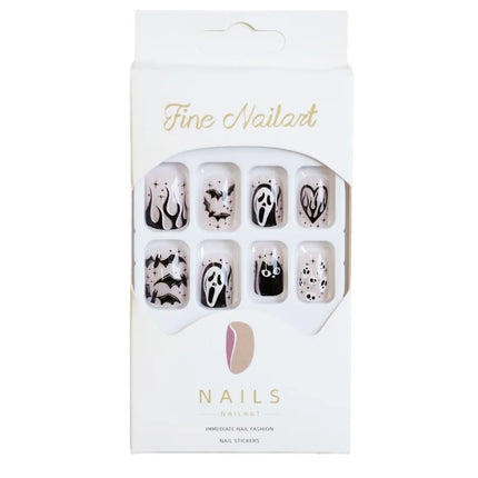 24 pcs/box Wholesale Ghost Black Cat Patterned Nails Short Halloween Press on Nail