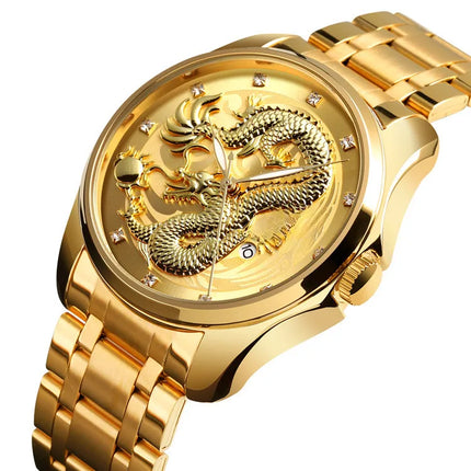 SKMEI fashion Chinese style dragon totem relief stainless steel strap men's business calendar watch men