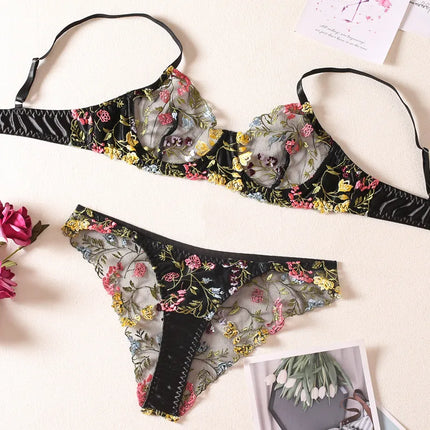 women's sexy flower sexy lingerie sets party embroidery underwire bra low waist thong sexy lingerie