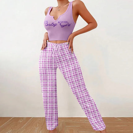 BabyGirl   homewear vest color matching plaid trousers letter printed top women's pajamas
