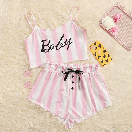 summer pajamas women's camisole shorts letter cute girl pink striped ladies home wear suit