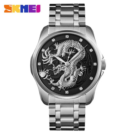 SKMEI fashion Chinese style dragon totem relief stainless steel strap men's business calendar watch men