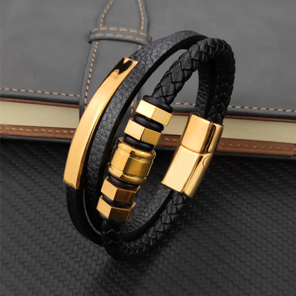 Retro Geometric 304 Stainless Steel Pu Leather Layered Unisex Bracelets Men Cord & Leather Bracelets