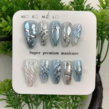 Handmade Almond Nail Press-Ons 3D Floral Shell Design Gradient White Effect European Style Nail Art False Nails Set
