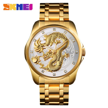 SKMEI fashion Chinese style dragon totem relief stainless steel strap men's business calendar watch men
