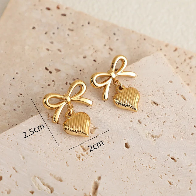 French Hollow Love Heart Bow Tie Sweet Loving Heart Earrings Eardrops Women's Elegant High Sense Valentine's Day Gift