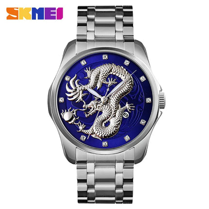 SKMEI fashion Chinese style dragon totem relief stainless steel strap men's business calendar watch men