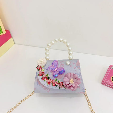 Children's Bag Women's Chinese Style Butterfly Flower Girls' Satchel Princess Pearl Handbag Shoulder Crossbody Bag Wholesale