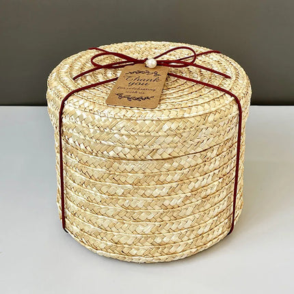 Round Straw Box with Lid Hug Bucket Rattan Hand Gift Box Baking Wedding  Storage Handmade Woven Box