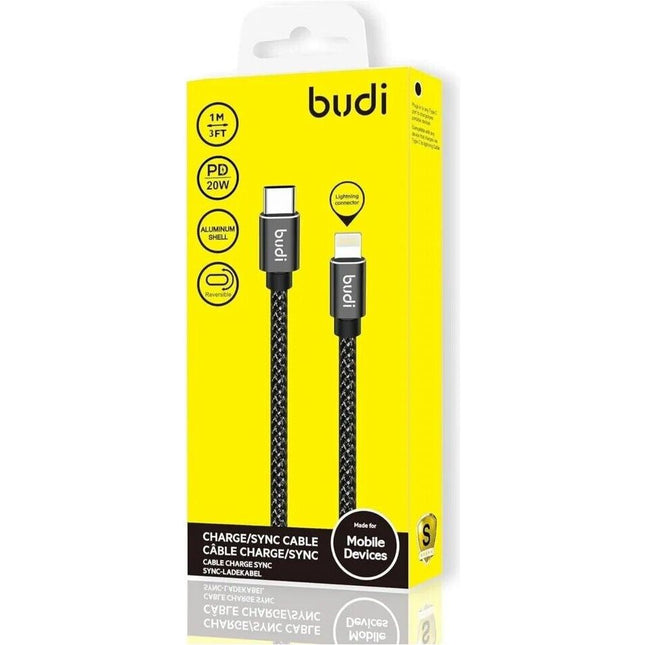 Budi 1M DC206TL10B Lightning to USB Braided Cable Charger - 20W PD Fast Charging & Data Transfer with Aluminum Alloy Covering for iPhone, iPadwith Lightning connector to USB-C