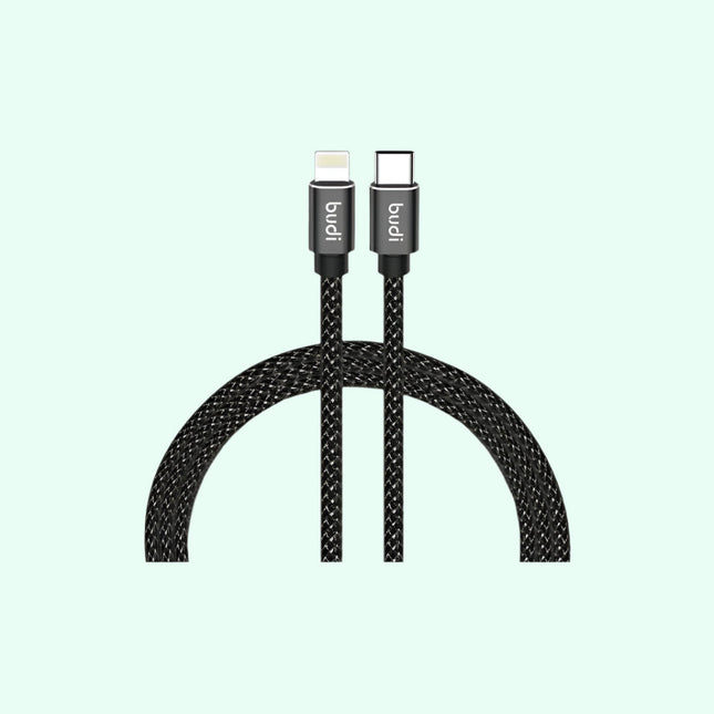 Budi 1M DC206TL10B Lightning to USB Braided Cable Charger - 20W PD Fast Charging & Data Transfer with Aluminum Alloy Covering for iPhone, iPadwith Lightning connector to USB-C